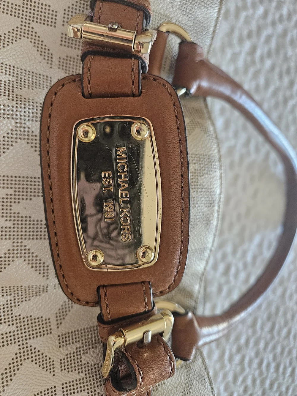 Michael Kors Beige Logo Tote with Brown Leather Handles and Gold Hardware